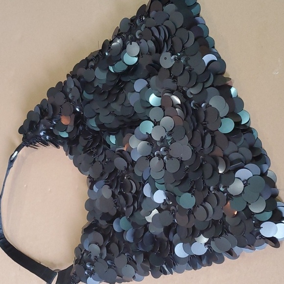 Black sequined and beaded  bag 12 X 15 black satin lining  Double zipper - Picture 1 of 7